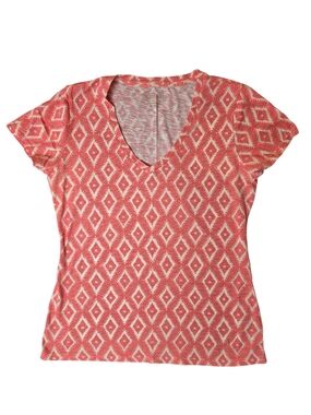 L.L. Bean Womans Shirt Medium Coral Diamond-Print V-Neck Gorpcore Outdoor Nature